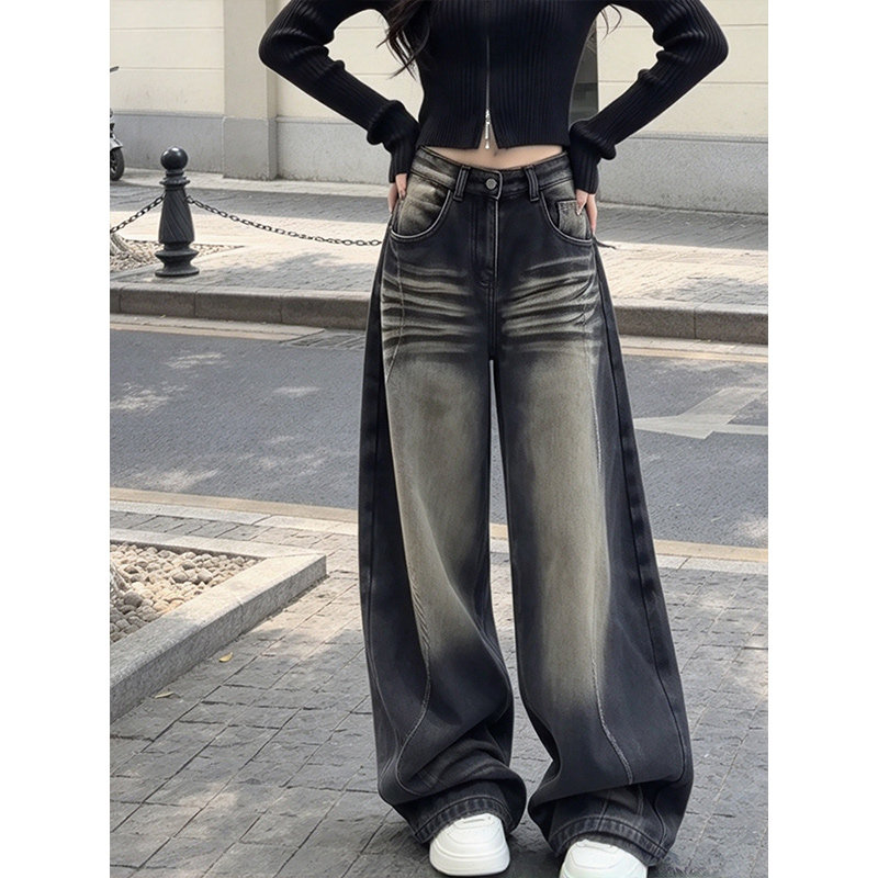 设计感黑色渐变高腰宽松阔腿牛仔裤女2026秋季新款休闲显瘦直筒裤