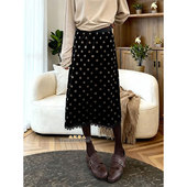 复古时尚 蕾丝拼接波点半身裙女2026早春大码 收腰显瘦丝绒A字长裙