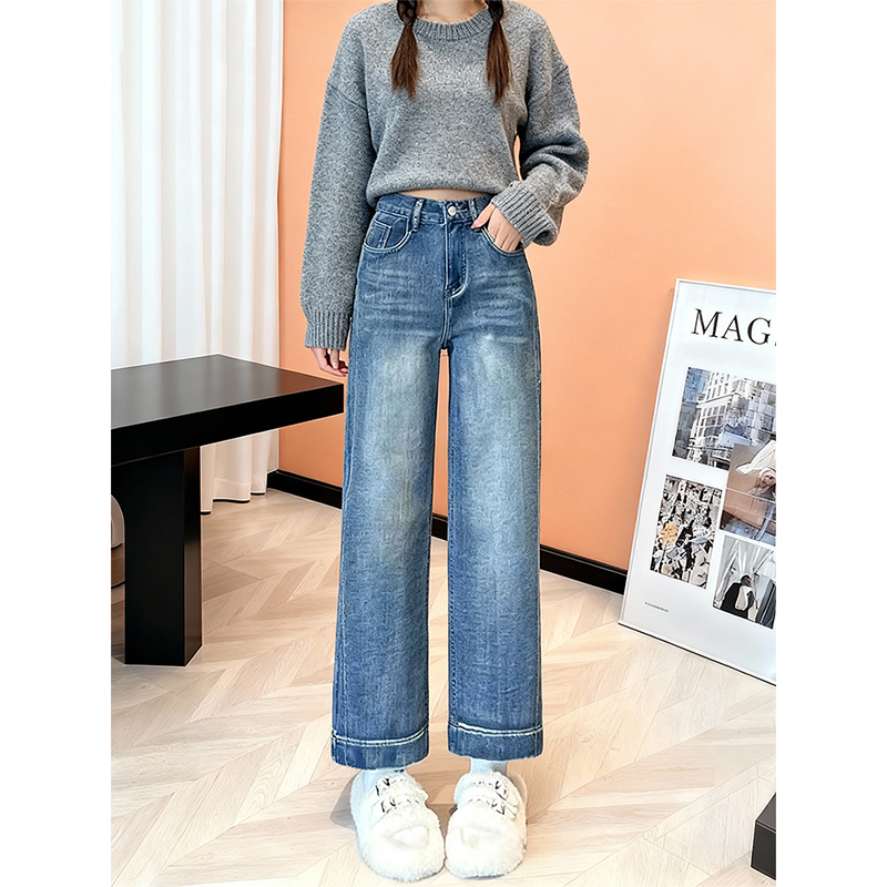 秋冬高腰宽松直筒牛仔裤九分裤