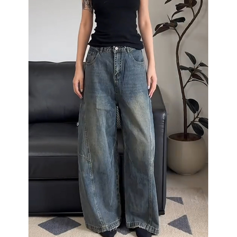 大码复古水洗做旧阔腿牛仔裤女20