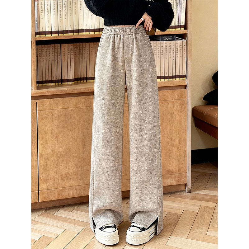 加绒加厚人字纹开叉毛呢直筒裤女