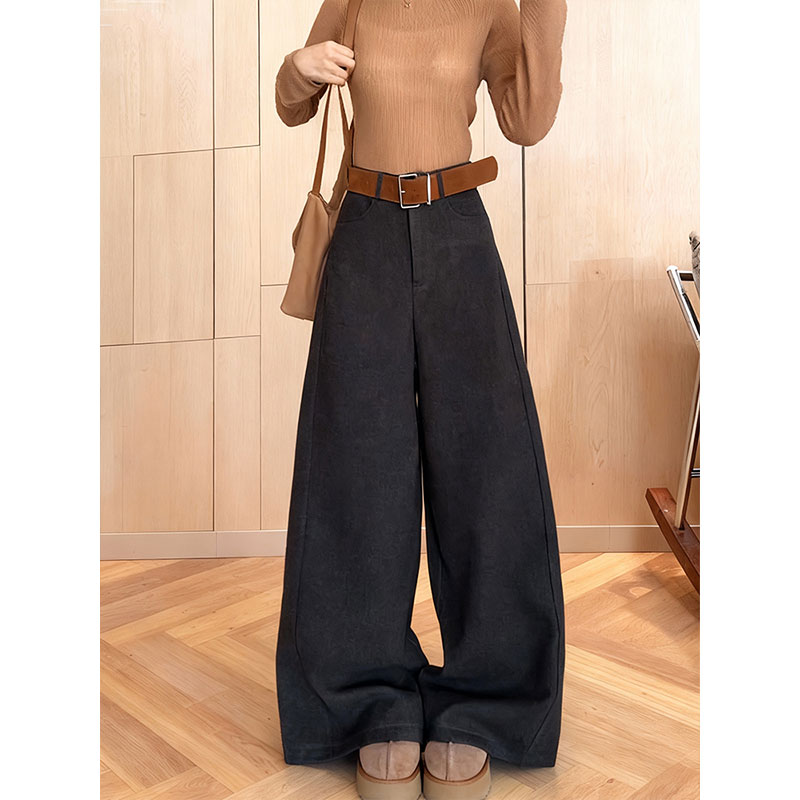 加绒加厚复古高腰阔腿牛仔裤秋冬