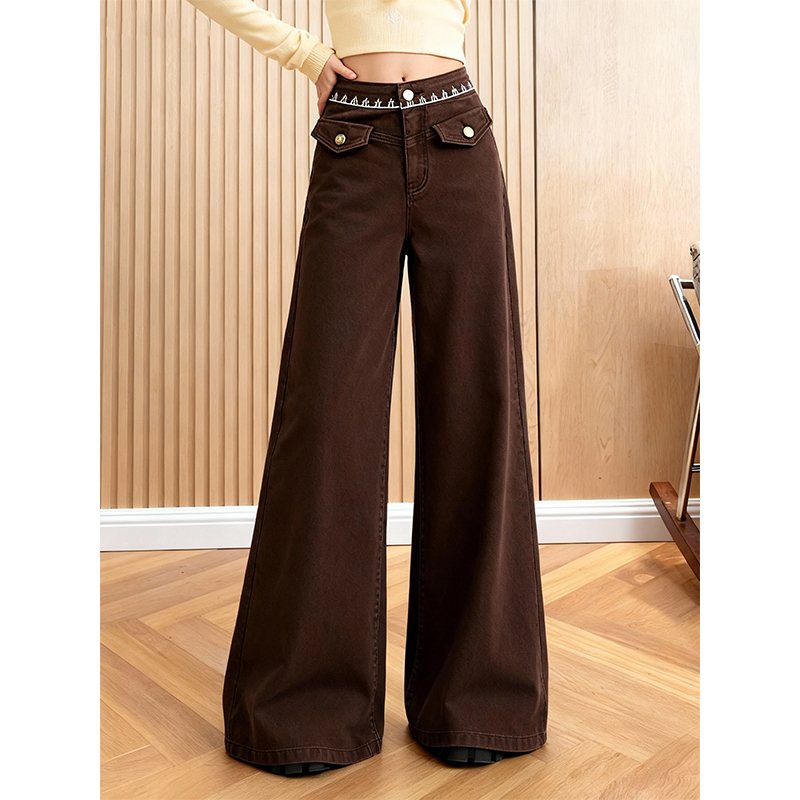 加绒加厚咖啡色高腰微喇牛仔裤女