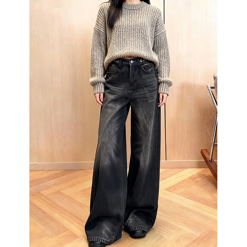 美式复古个性拼色设计加绒牛仔裤