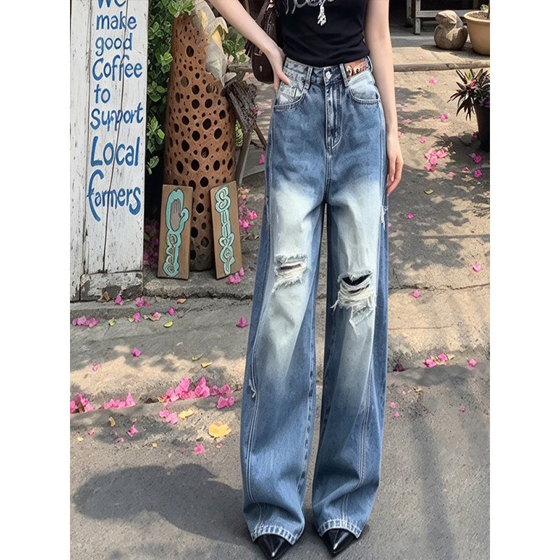 小个子高腰破洞蓝色阔腿牛仔裤女2026秋季新款宽松显瘦直筒裤胖mm