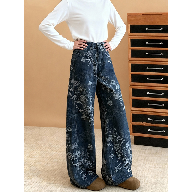时尚提花阔腿牛仔裤女高腰宽松