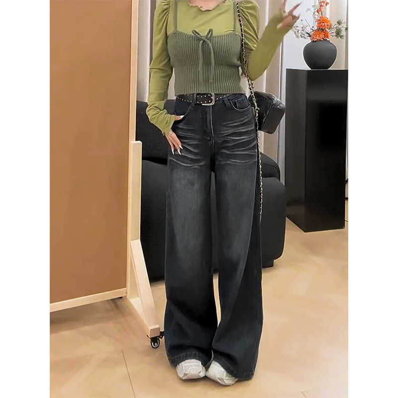 植绒高级灰蓝色高腰牛仔裤女2025
