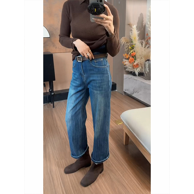 加绒加厚复古高腰阔腿牛仔裤女