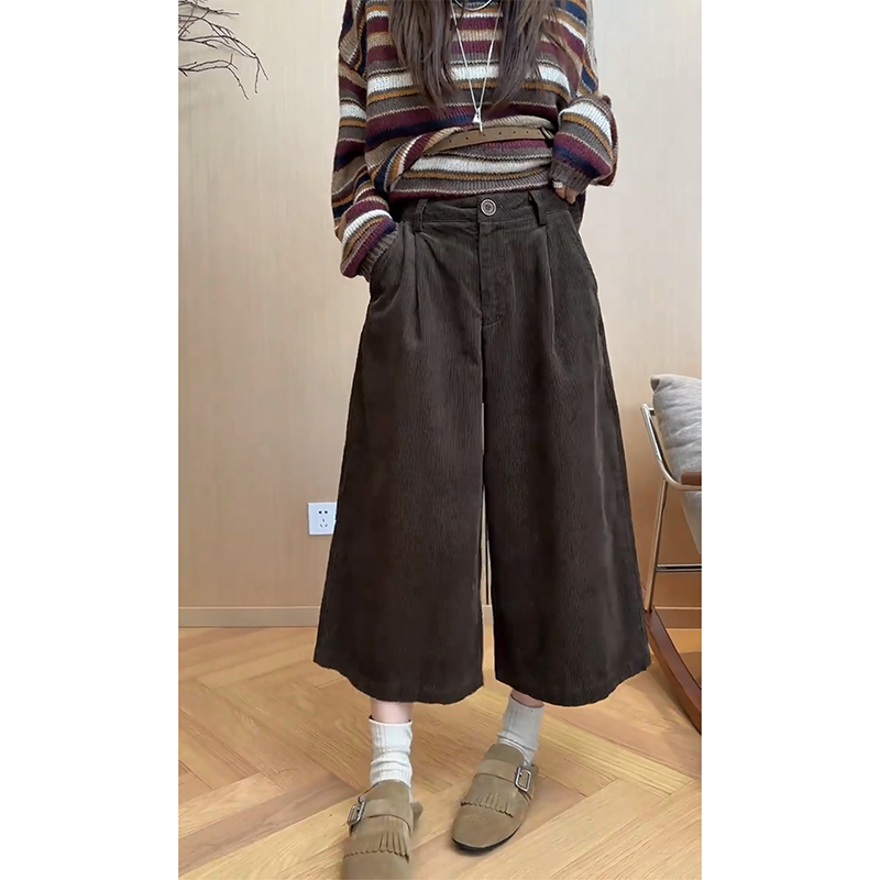 咖色高腰灯芯绒七分阔腿裤女2025