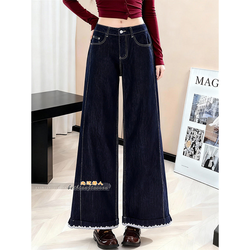 美式丹宁蓝高腰阔腿牛仔裤女2026春季新款宽松显瘦蕾丝花边九分裤,女装/女士精品,大码裤装,淘宝优惠券,粉丝福利购,淘宝优惠卷