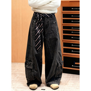 工装 高腰显瘦百搭配腰带弯刀长裤 风黑色阔腿裤 新款 女2025冬季 美式