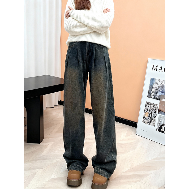 秋冬复古做旧水泥灰阔腿牛仔裤女