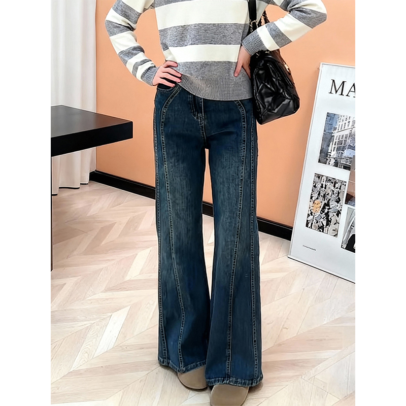 复古高腰微喇蓝色牛仔裤女大码