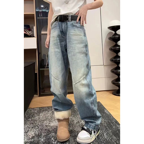 洋气时髦做旧牛仔弯刀裤女