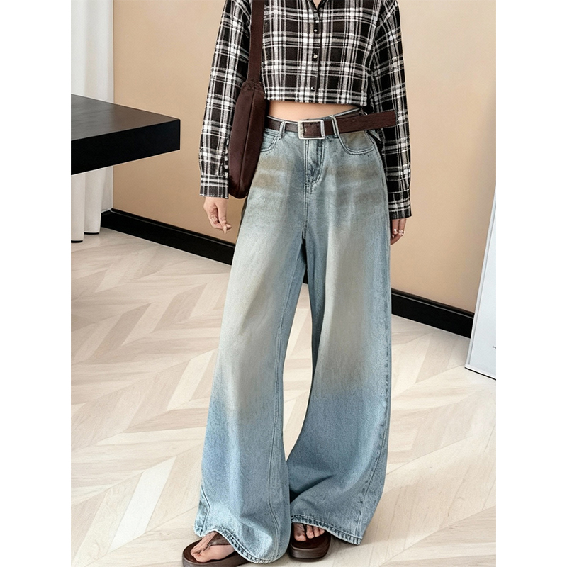 秋冬设计感宽松阔腿牛仔裤女显瘦