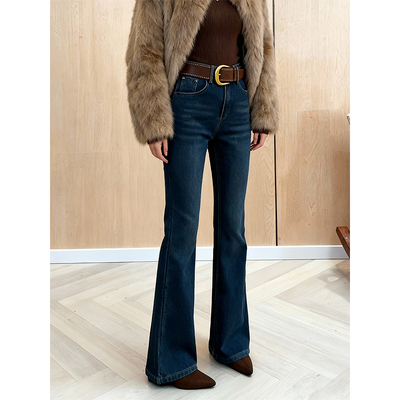 加绒加厚复古风微喇牛仔裤女2025