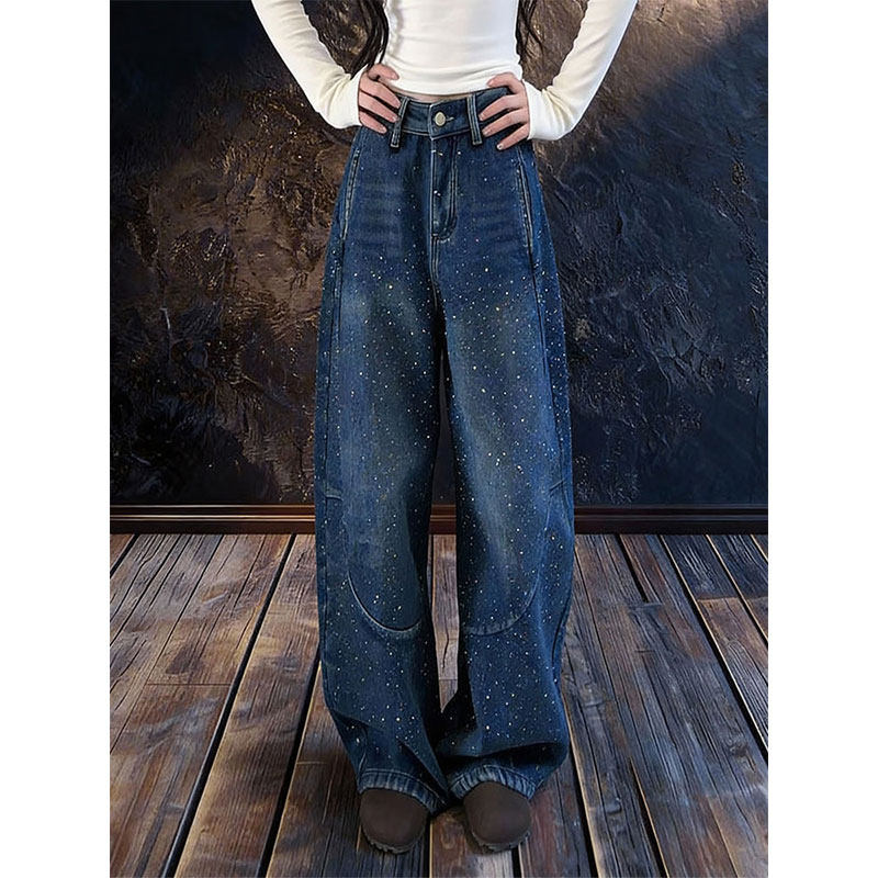 复古时尚烫钻弯刀阔腿牛仔裤女2025冬季新款梨形身材显瘦休闲长裤,女装/女士精品,牛仔裤,淘宝优惠券,粉丝福利购,淘宝优惠卷