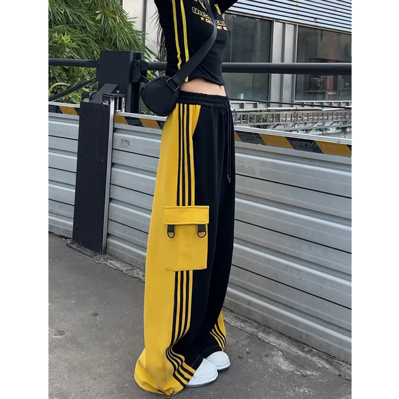 美式时尚侧条纹拼色工装阔腿裤女