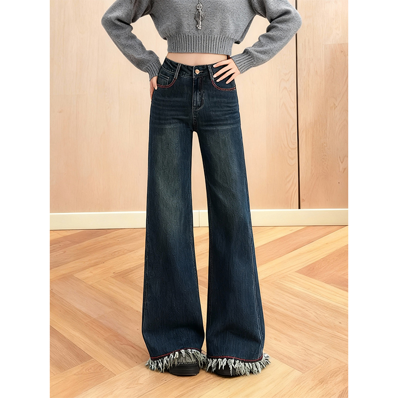加绒加厚毛边流苏微喇牛仔裤女