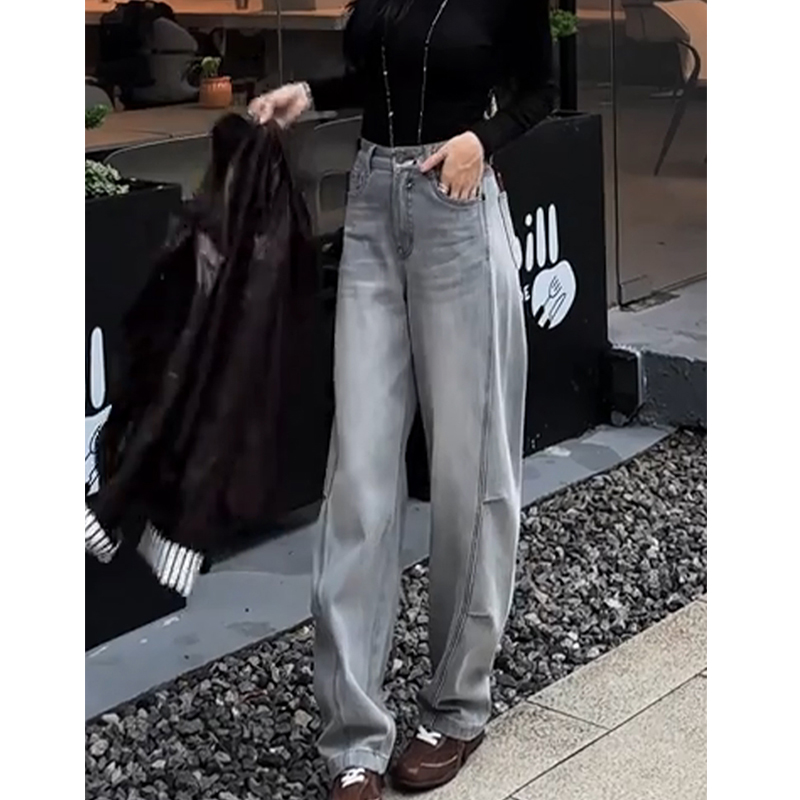 美式复古浅灰色窄版弯刀牛仔裤女