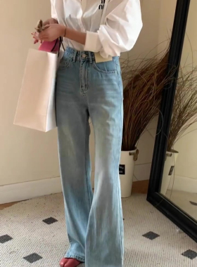 2026春季新款蓝色开叉牛仔裤女高腰直筒宽松阔腿显瘦微喇拖地裤子