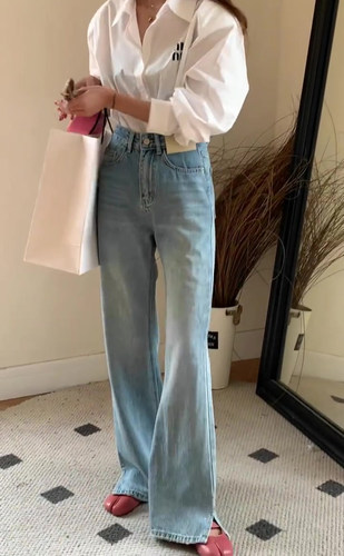 浅色直筒开叉宽松垂感阔腿拖地裤