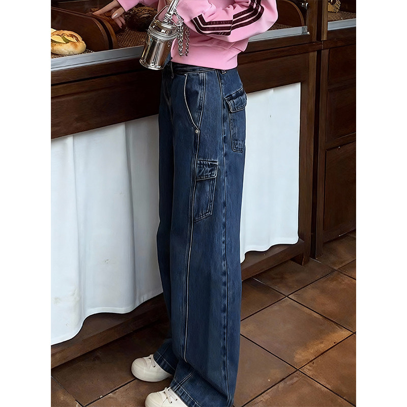 蓝色复古工装风宽松阔腿弯刀牛仔裤女2026春季百搭显瘦高腰直筒裤,女装/女士精品,大码裤装,淘宝优惠券,粉丝福利购,淘宝优惠卷