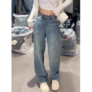 2025字母烫钻设计感时髦洋气牛仔裤女今年流行复古百搭垂感直筒裤