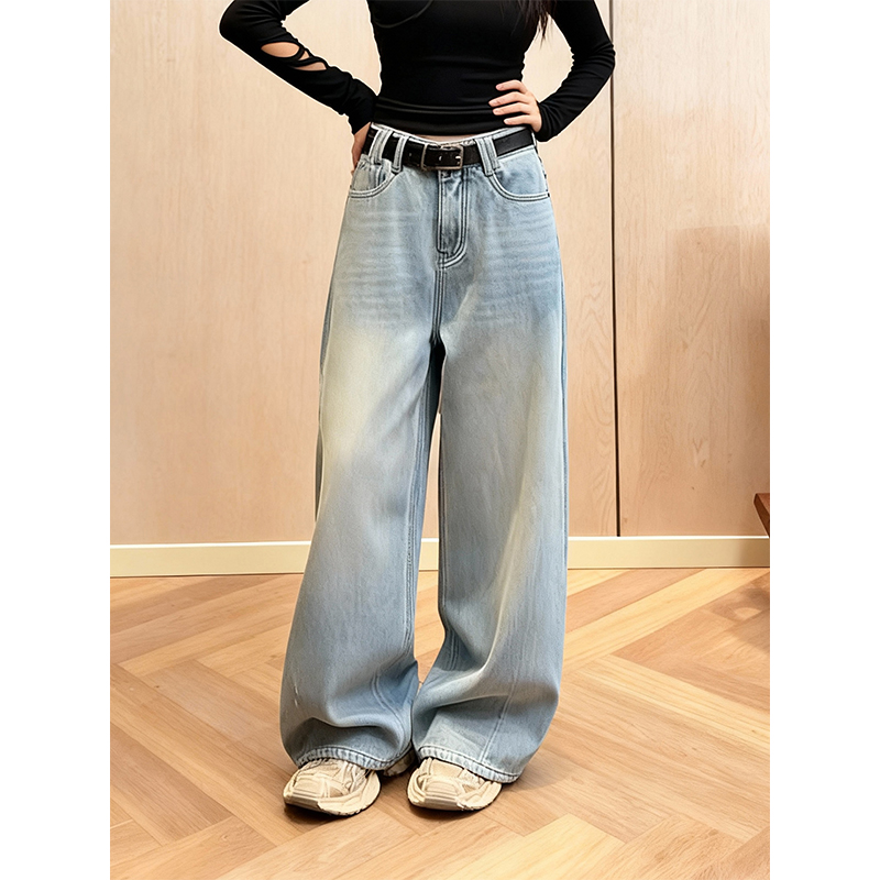 加绒加厚浅蓝色简约直筒牛仔裤女