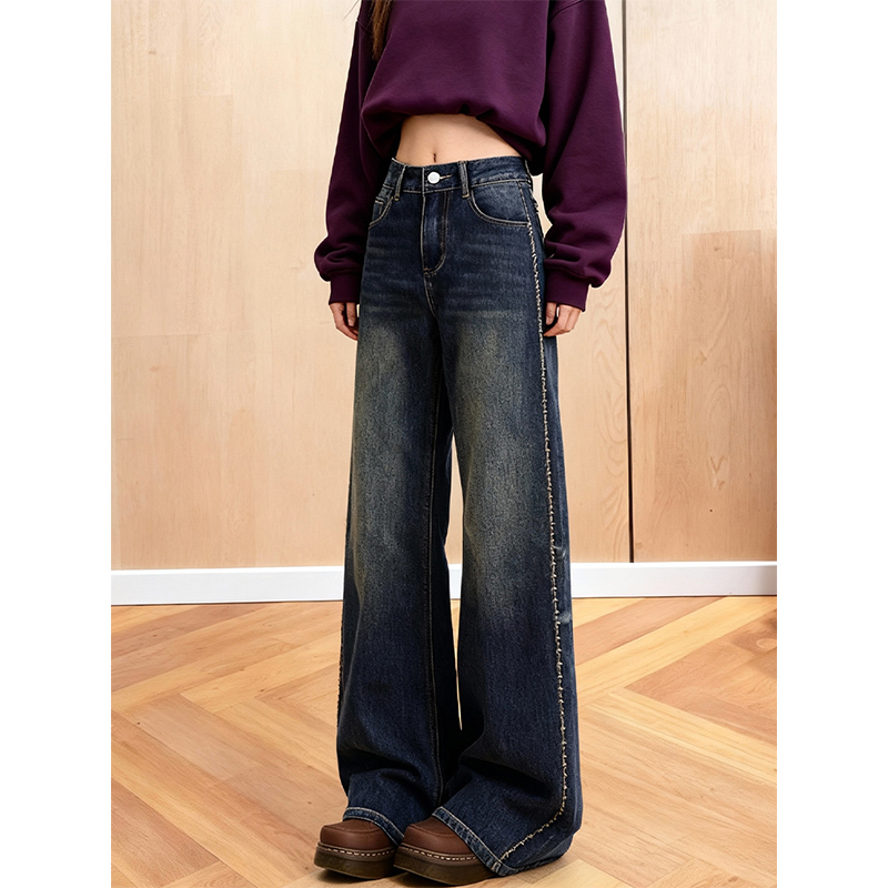 复古高腰阔腿牛仔裤女时尚宽松