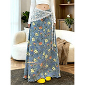 新款 美式 辣妹A字碎花牛仔半身裙女2026春季 高腰显瘦大摆毛边长裙