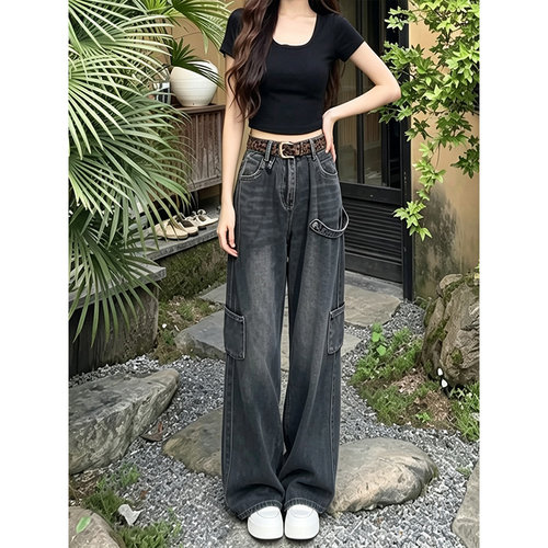 工装风阔腿牛仔裤大码显瘦垂感女
