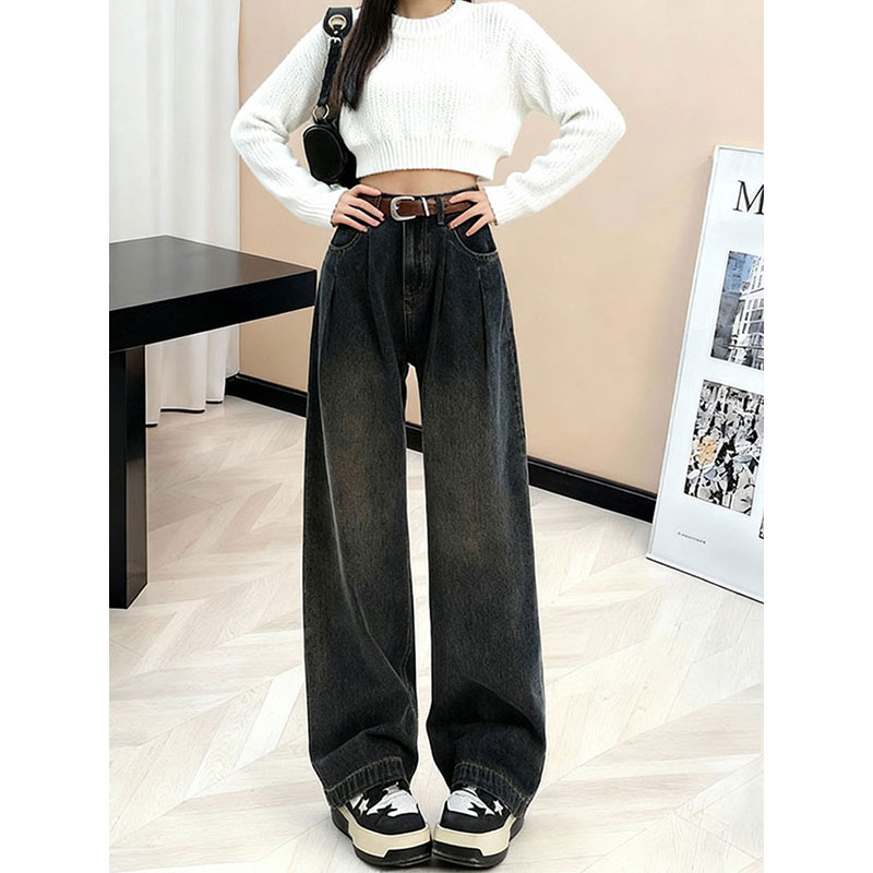 复古高腰阔腿牛仔裤女显瘦秋冬