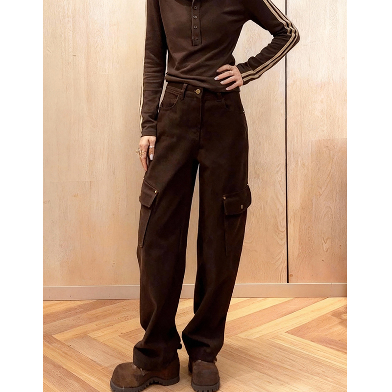 设计感大口袋加绒工装阔腿牛仔裤