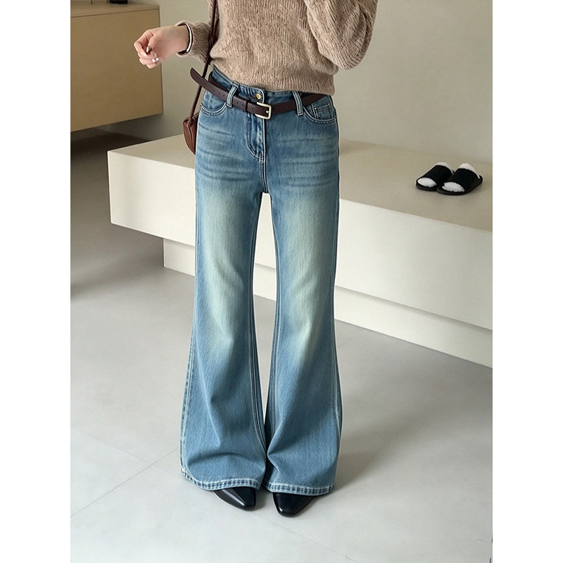 小个子四面弹蓝色牛仔微喇裤女2026秋季新款高腰微胖显瘦遮胯长裤