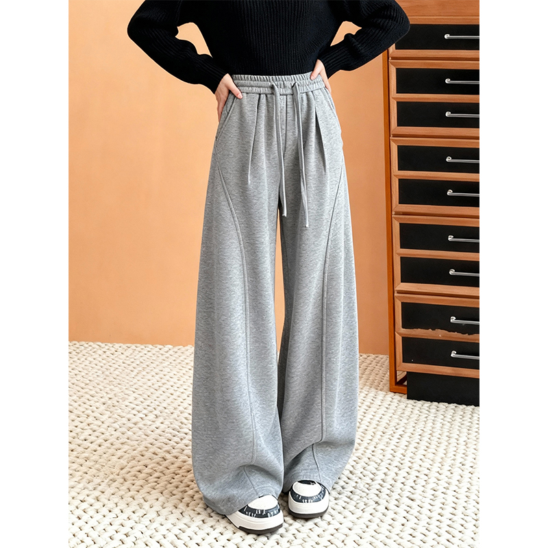 加绒加厚灰色弯刀阔腿裤女2025冬