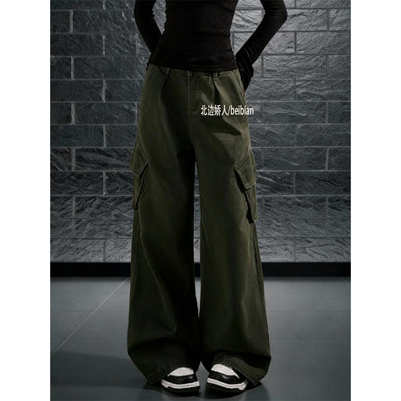 大码美式工装风军绿色阔腿裤女2026春季新款多口袋宽松显瘦弯刀裤,女装/女士精品,大码裤装,淘宝优惠券,粉丝福利购,淘宝优惠卷