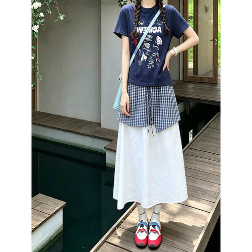 蓝白格子拼接显瘦A字半裙小个子