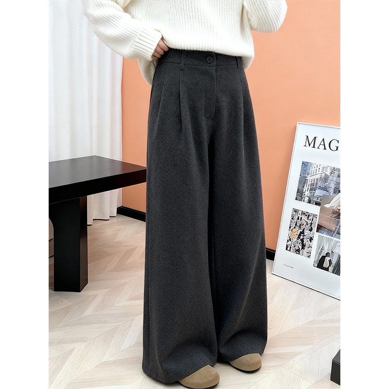 加绒加厚灰色阔腿裤女高腰显瘦