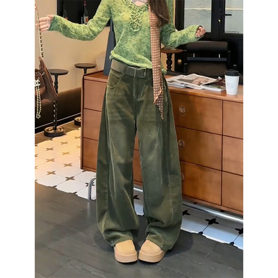 绿色休闲裤女冬季灯芯绒复古2025