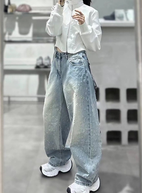 欧货2026春夏浅蓝色破洞牛仔裤女小众时尚百搭高腰阔腿显瘦老爹裤