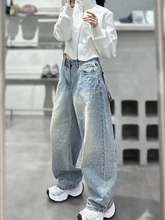 百搭高腰阔腿显瘦老爹裤 女小众时尚 浅蓝色破洞牛仔裤 欧货2025秋季