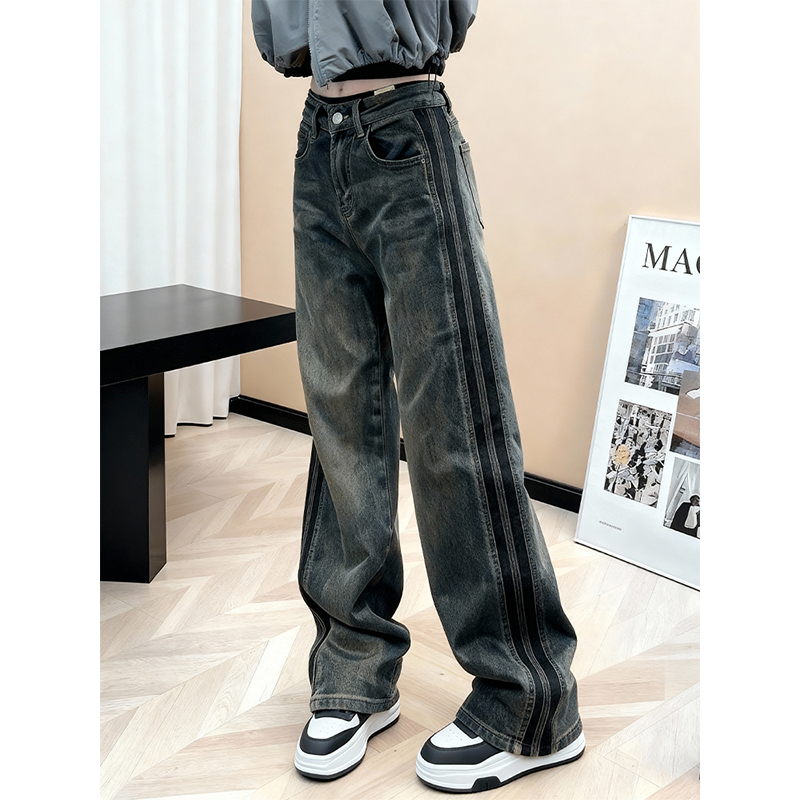 秋冬复古高腰阔腿牛仔裤水洗做旧