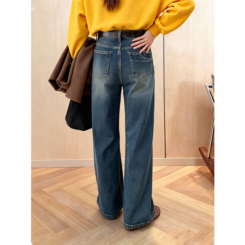 加绒加厚窄版直筒复古风牛仔裤