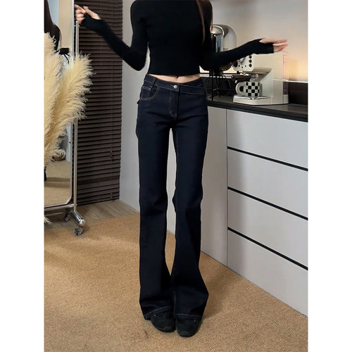加绒加厚深蓝色微喇牛仔裤女2025