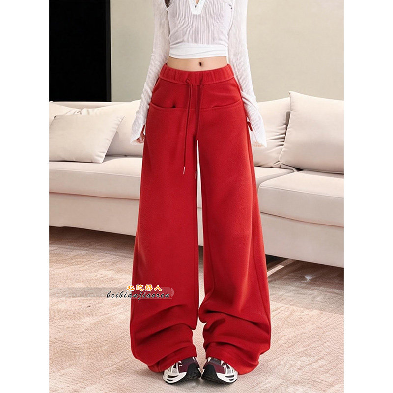 红色高级感高腰抽绳阔腿裤女2026春季新款宽松显瘦垂感拖地休闲裤,女装/女士精品,大码裤装,淘宝优惠券,粉丝福利购,淘宝优惠卷