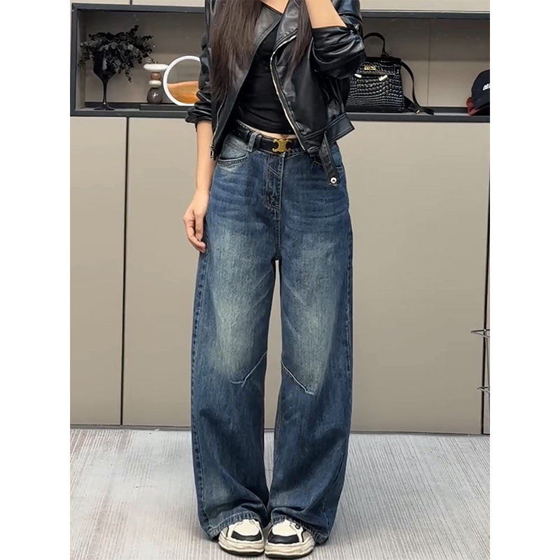做旧经典蓝色阔腿牛仔裤女2025