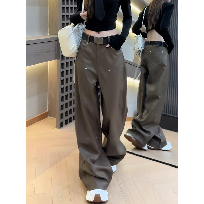 直筒皮裤女铆钉小众设计感2025