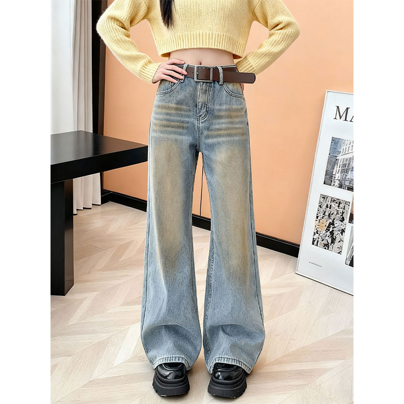 高腰阔腿牛仔裤女蓝色显瘦