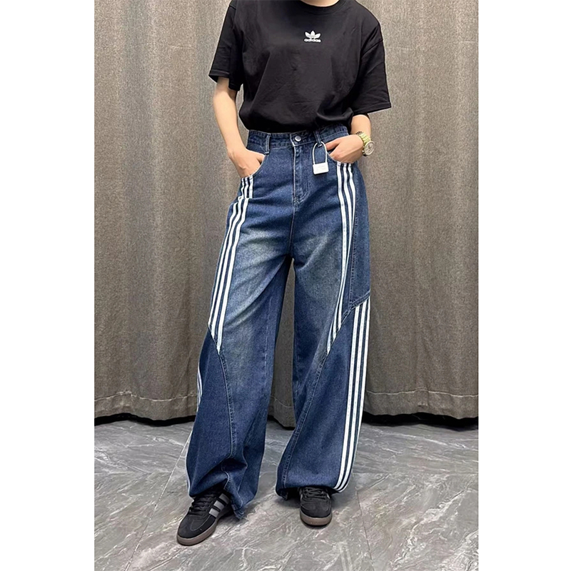 加绒加厚潮牌条纹简约牛仔裤女